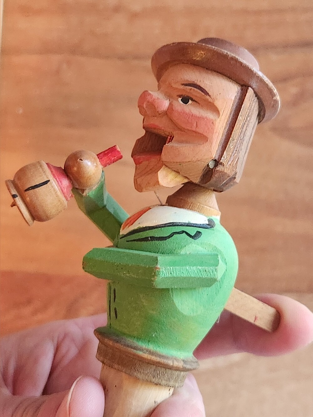 Vintage ANRI Hand Carved Folk Art Wooden Pull-String Cork Bottle Stopper
